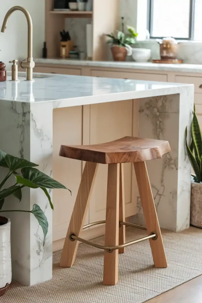 Natural Materials Focus: A close-up view of a Japandi stool made from sustainable materials, placed next to a kitchen island with a marble countertop. The image should capture the rich grain of the wood and the elegant lines of the stool, surrounded by plants for a touch of nature.