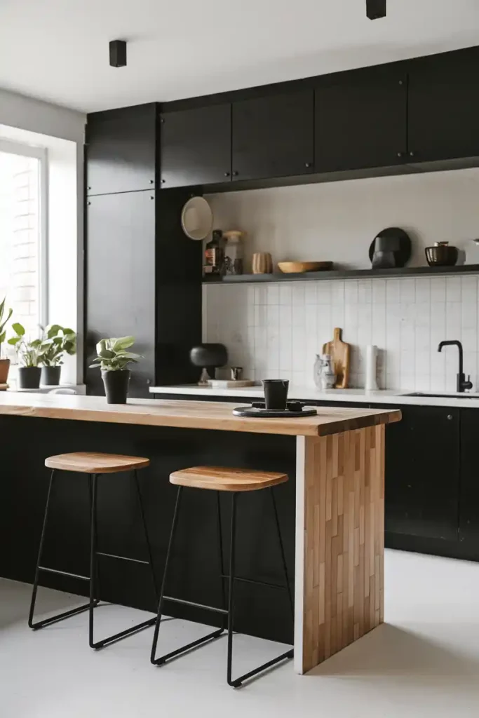 Modern Japandi Aesthetic: A contemporary kitchen scene with a black-and-white color palette, highlighting a modern kitchen island adorned with minimalist Japandi stools. Incorporate geometric shapes and subtle textures in the decor to reflect the fusion of Japanese and Scandinavian design.