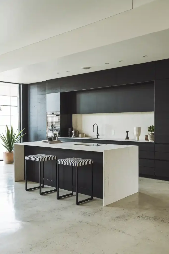 Modern Japandi Aesthetic: A contemporary kitchen scene with a black-and-white color palette, highlighting a modern kitchen island adorned with minimalist Japandi stools. Incorporate geometric shapes and subtle textures in the decor to reflect the fusion of Japanese and Scandinavian design.