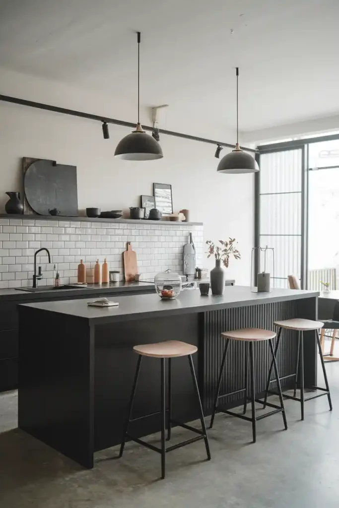 Modern Japandi Aesthetic: A contemporary kitchen scene with a black-and-white color palette, highlighting a modern kitchen island adorned with minimalist Japandi stools. Incorporate geometric shapes and subtle textures in the decor to reflect the fusion of Japanese and Scandinavian design.