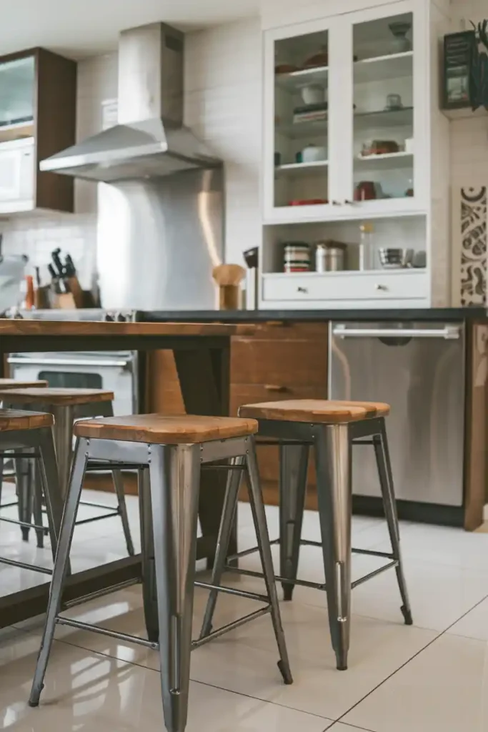 A sleek, modern kitchen with industrial-style metal stools featuring wood accents, illustrating how these stools match the decor.