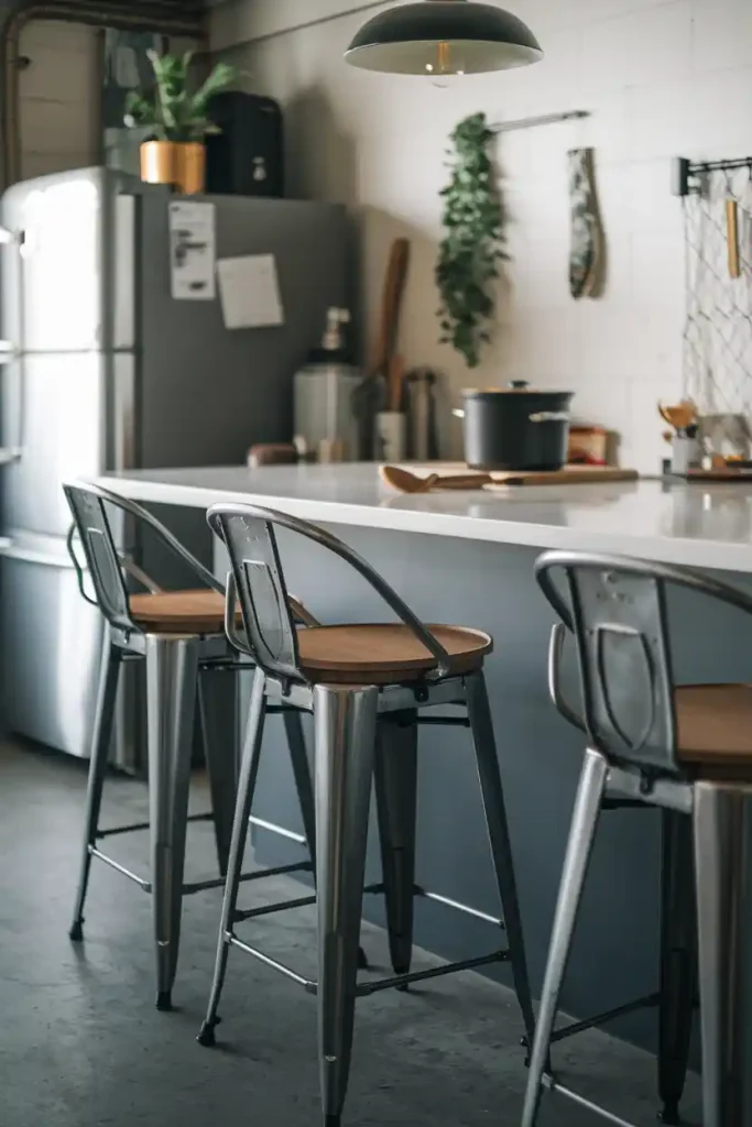 A sleek, modern kitchen with industrial-style metal stools featuring wood accents, illustrating how these stools match the decor.