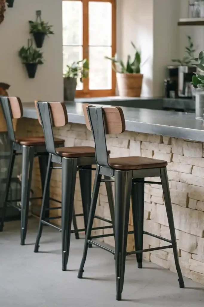 A sleek, modern kitchen with industrial-style metal stools featuring wood accents, illustrating how these stools match the decor.