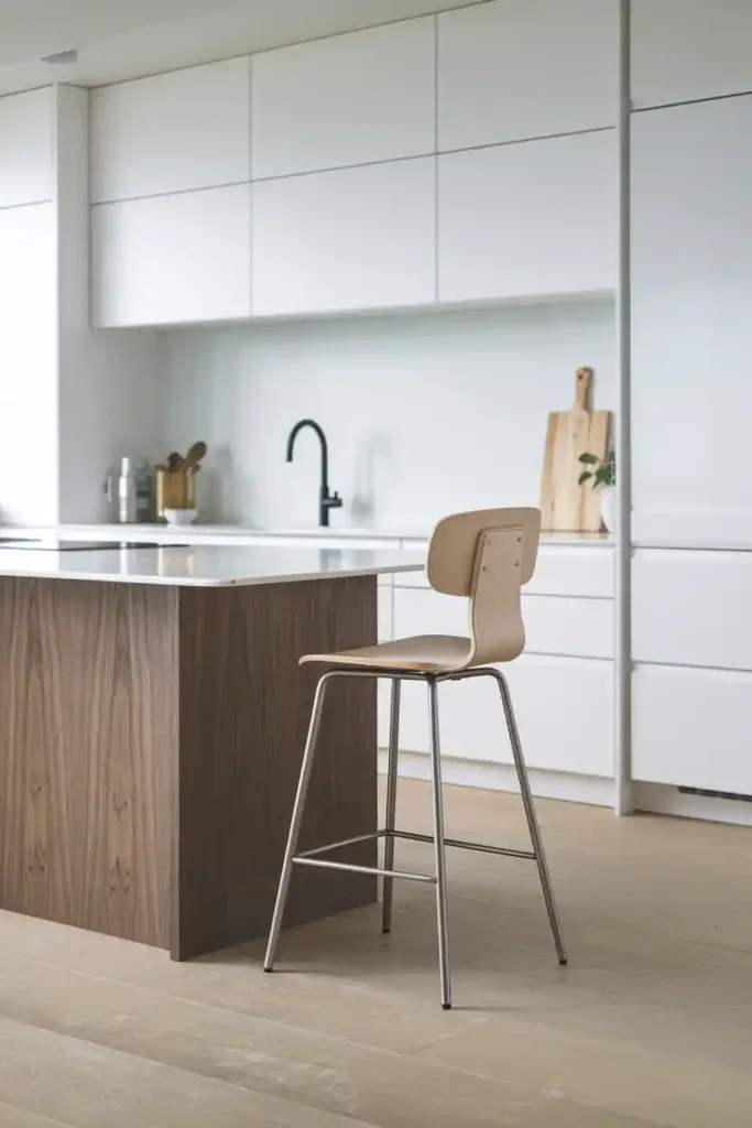 the Normann Copenhagen Form Bar Stool with a modern, Scandinavian minimalist kitchen featuring light colors and clean lines. Show both versions: with and without a backrest for variety.