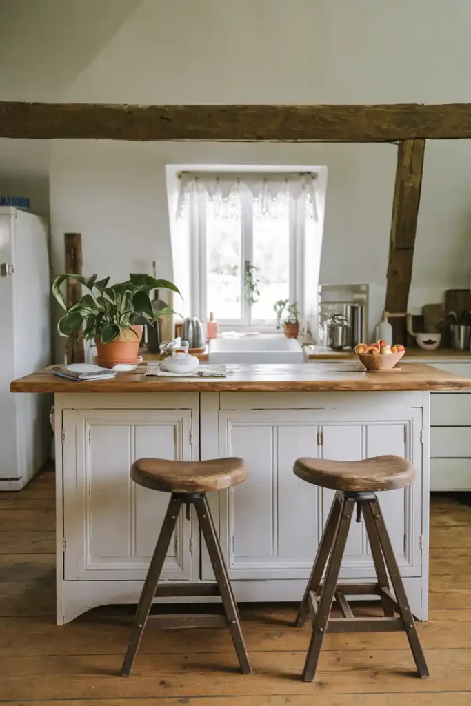 A rustic kitchen featuring a pair of wooden saddle stools in front of a farmhouse-style island with white cabinetry and natural elements.