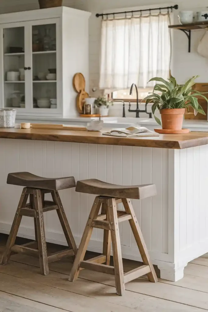 A rustic kitchen featuring a pair of wooden saddle stools in front of a farmhouse-style island with white cabinetry and natural elements.