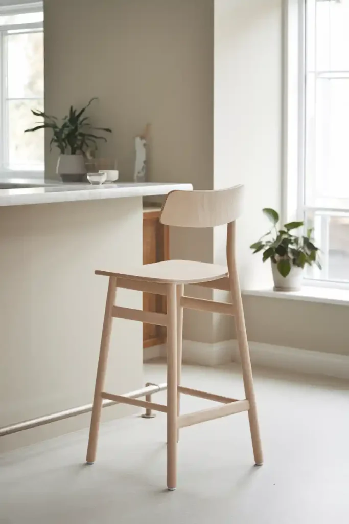 Minimalist Scandinavian Bar Stool: Generate an image of a minimalist Scandinavian-style bar stool made of light wood and simple lines, placed in a clean and airy home bar with neutral colors and natural light streaming in.