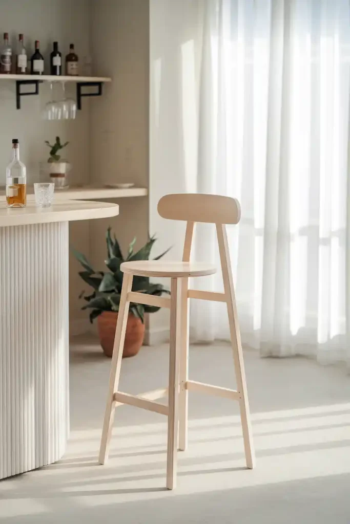 Minimalist Scandinavian Bar Stool: Generate an image of a minimalist Scandinavian-style bar stool made of light wood and simple lines, placed in a clean and airy home bar with neutral colors and natural light streaming in.