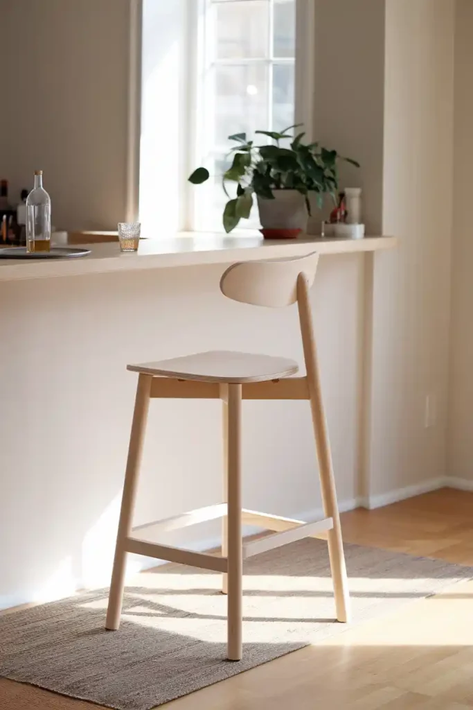 Minimalist Scandinavian Bar Stool: Generate an image of a minimalist Scandinavian-style bar stool made of light wood and simple lines, placed in a clean and airy home bar with neutral colors and natural light streaming in.