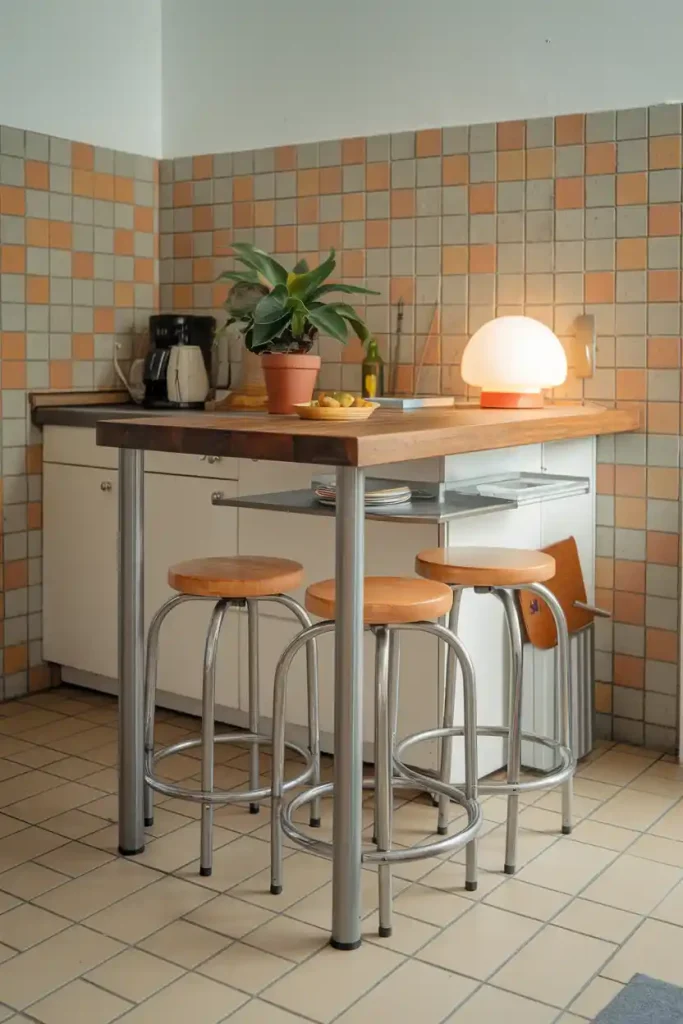 A small kitchen island with compact backless stools tucked neatly underneath, highlighting the efficient use of space.