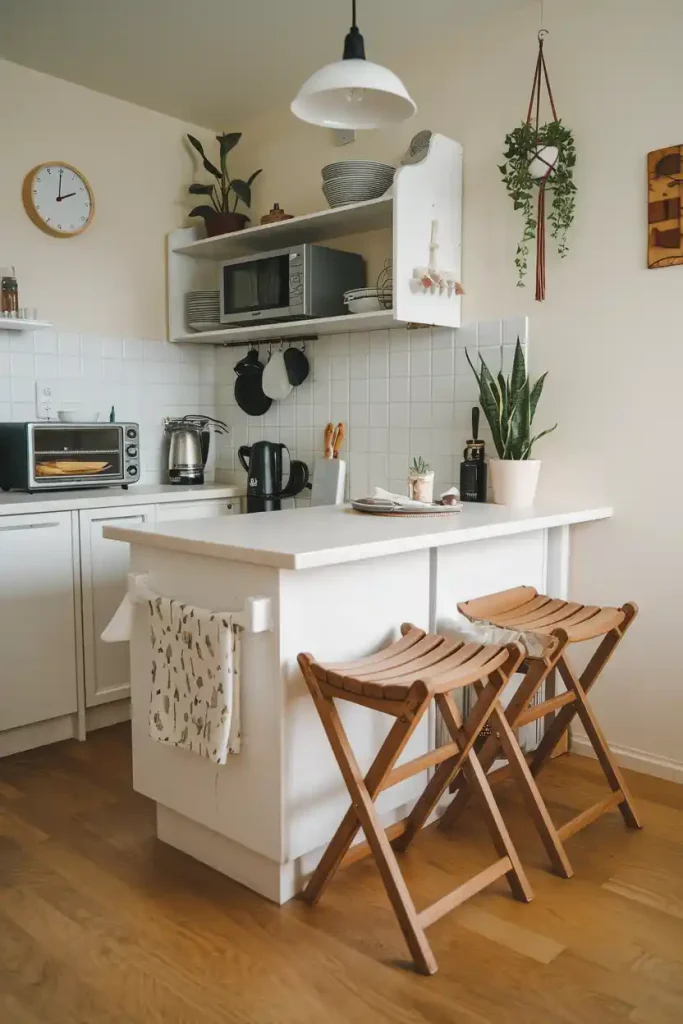 Space-saving folding stools neatly tucked under a compact kitchen island, demonstrating their practicality in a small apartment kitchen