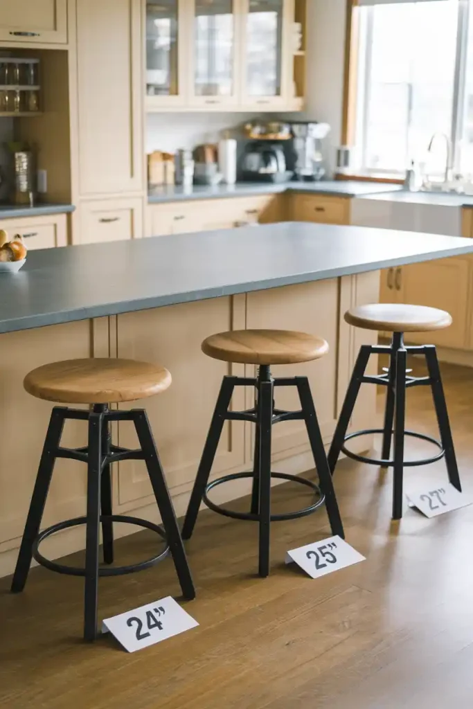 Illustrate stools of different heights side by side against a kitchen island, with labels showing height measurements (24" to 27").