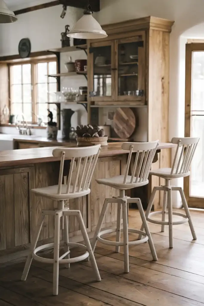 A cottage-style kitchen with the Ashley Valebeck swivel barstools in whitewash finish, demonstrating the mix of convenience and rustic charm.