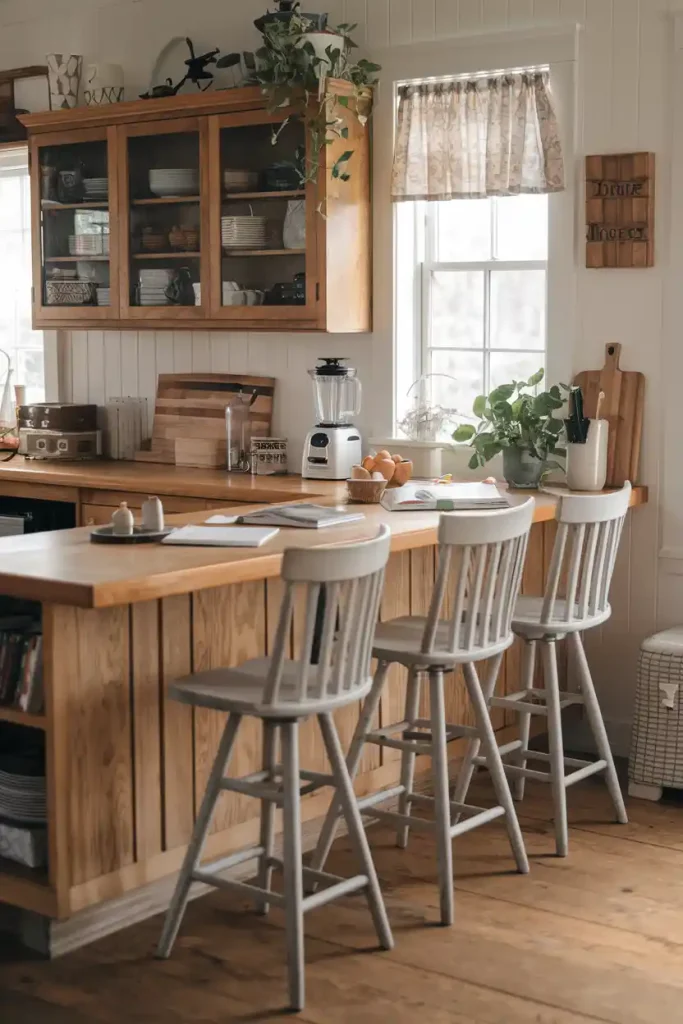 A cottage-style kitchen with the Ashley Valebeck swivel barstools in whitewash finish, demonstrating the mix of convenience and rustic charm.