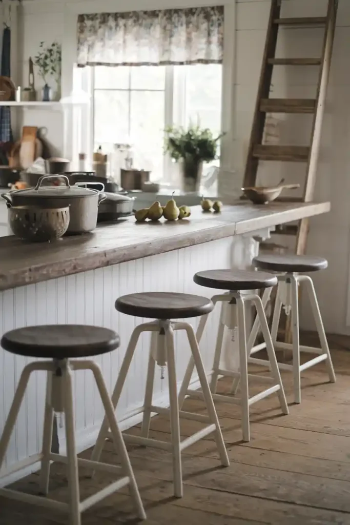 A cottage-style kitchen with the Ashley Valebeck swivel barstools in whitewash finish, demonstrating the mix of convenience and rustic charm.