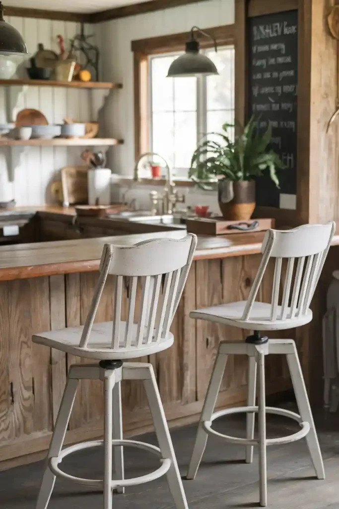 A cottage-style kitchen with the Ashley Valebeck swivel barstools in whitewash finish, demonstrating the mix of convenience and rustic charm.