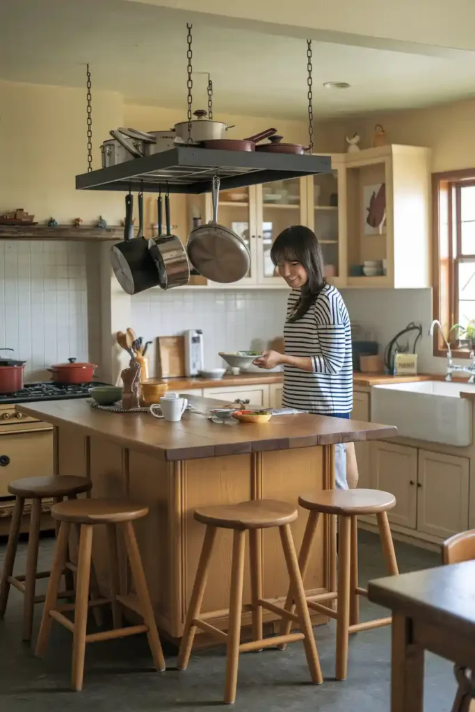 A kitchen scene emphasizing the warm, inviting look of wooden stools around a central kitchen island, creating a cozy family environment.