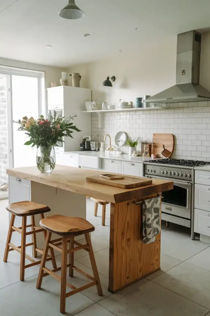 A kitchen scene emphasizing the warm, inviting look of wooden stools around a central kitchen island, creating a cozy family environment.