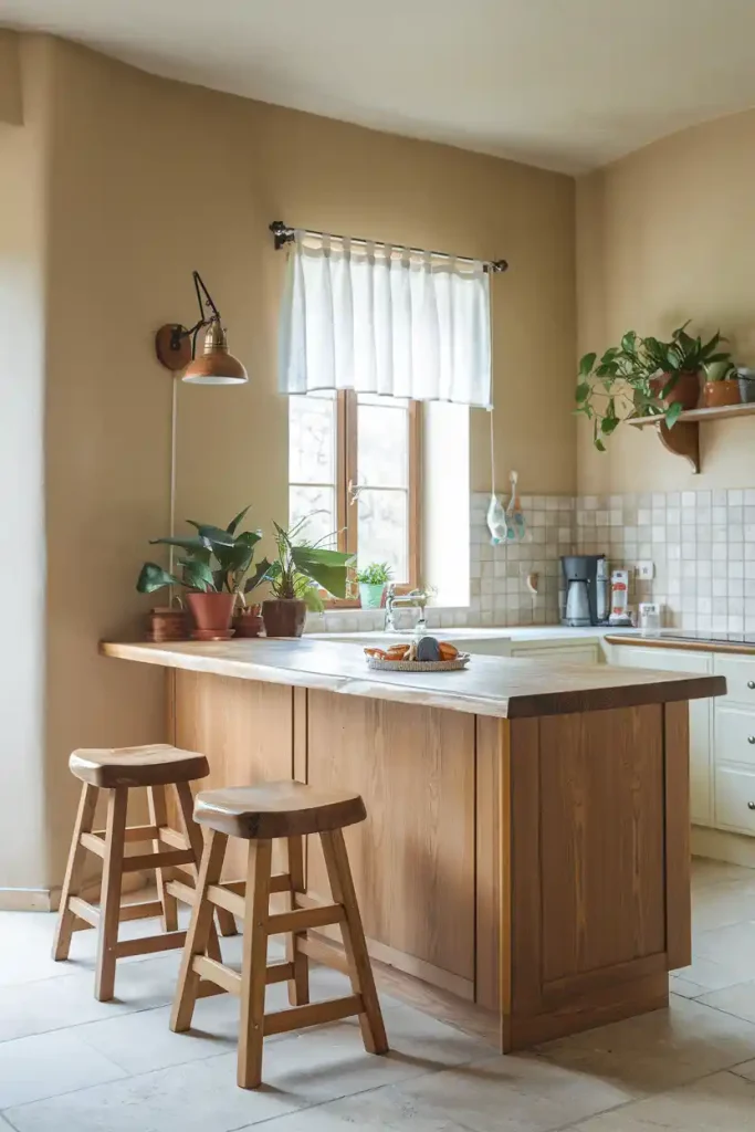 A kitchen scene emphasizing the warm, inviting look of wooden stools around a central kitchen island, creating a cozy family environment.