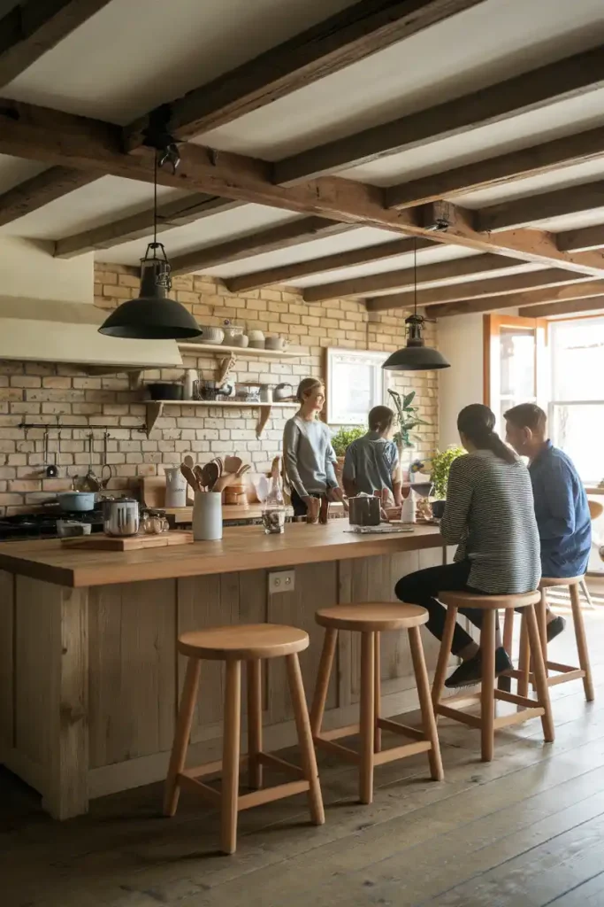 A kitchen scene emphasizing the warm, inviting look of wooden stools around a central kitchen island, creating a cozy family environment.