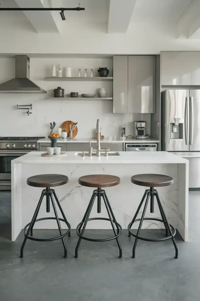 A sleek, modern kitchen with a white marble island featuring three black metal and wood industrial-style bar stools.