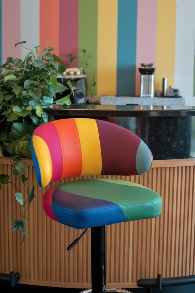 Colorful Pop: Depict a vibrant, colorful bar stool with bold upholstery, contrasting with a classic black granite countertop, showcasing a lively kitchen atmosphere.