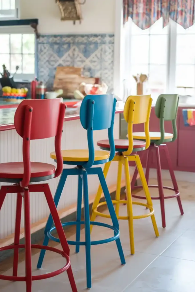 Colorful Swivel Stools: A vibrant kitchen featuring a variety of colorful swivel back stools, emphasizing a playful and inviting design with a matching countertop.