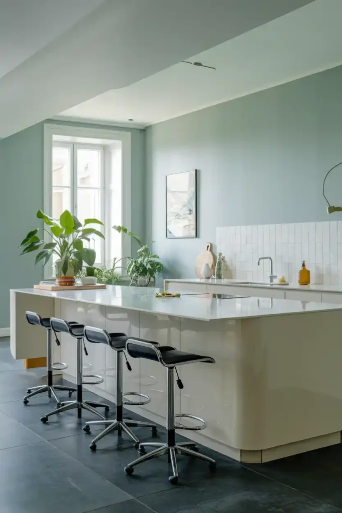 Modern Kitchen Island with Swivel Stools: A sleek kitchen island featuring contemporary swivel back stools, showcasing a bright and airy atmosphere with natural light streaming in.