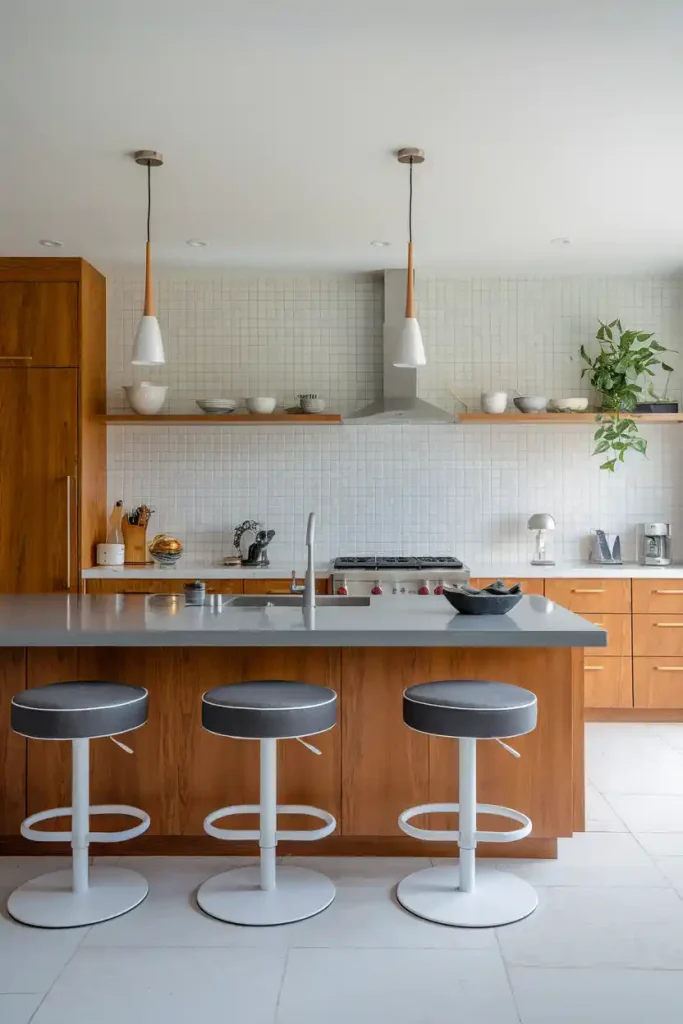 Modern Kitchen Island with Swivel Stools: A sleek kitchen island featuring contemporary swivel back stools, showcasing a bright and airy atmosphere with natural light streaming in.