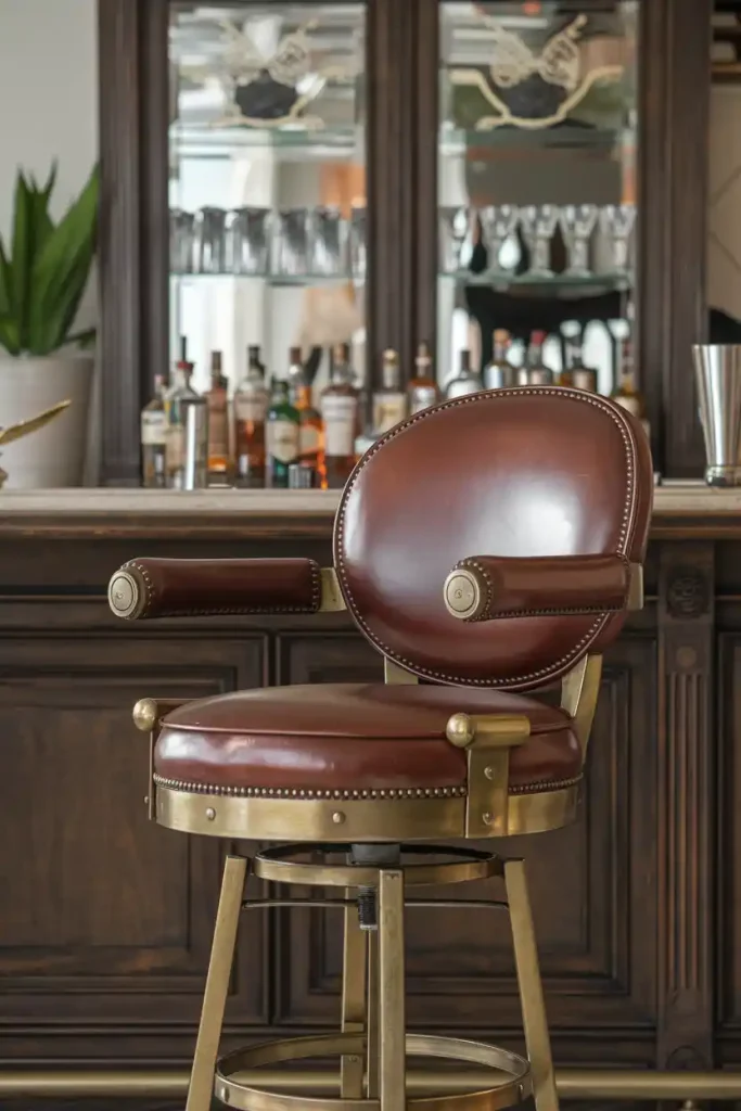 Classic Leather Bar Stool: Depict an elegant 36-inch bar stool with a rich brown leather seat and brass accents, positioned at a sophisticated home bar with dark wood cabinetry.