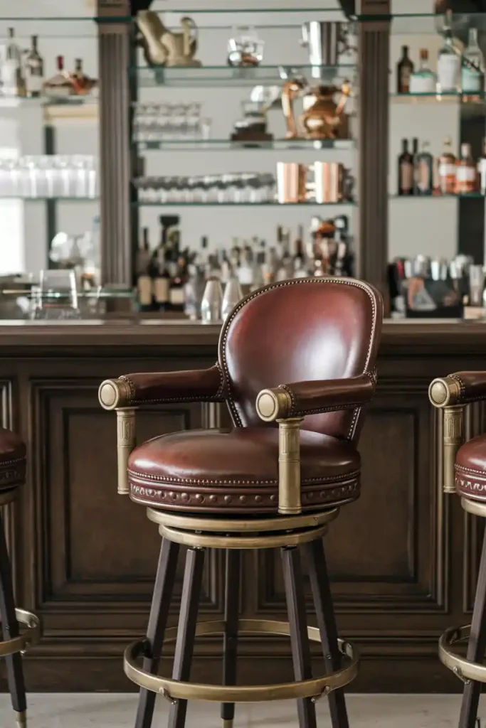 Classic Leather Bar Stool: Depict an elegant 36-inch bar stool with a rich brown leather seat and brass accents, positioned at a sophisticated home bar with dark wood cabinetry.