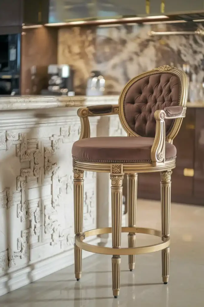 Luxurious Touch: Illustrate an elegant bar stool with velvet upholstery and gold accents, placed beside an opulent white granite countertop, emphasizing luxury and sophistication.