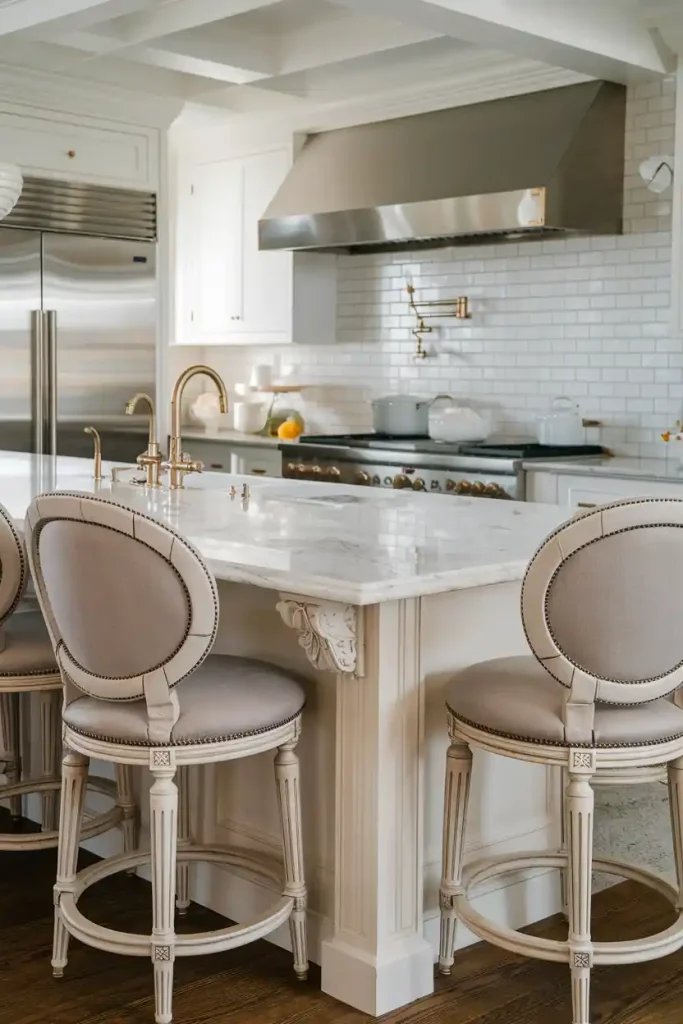 a sophisticated kitchen island with marble countertops, complemented by elegant upholstered bar stools in a soft fabric, featuring intricate stitching.