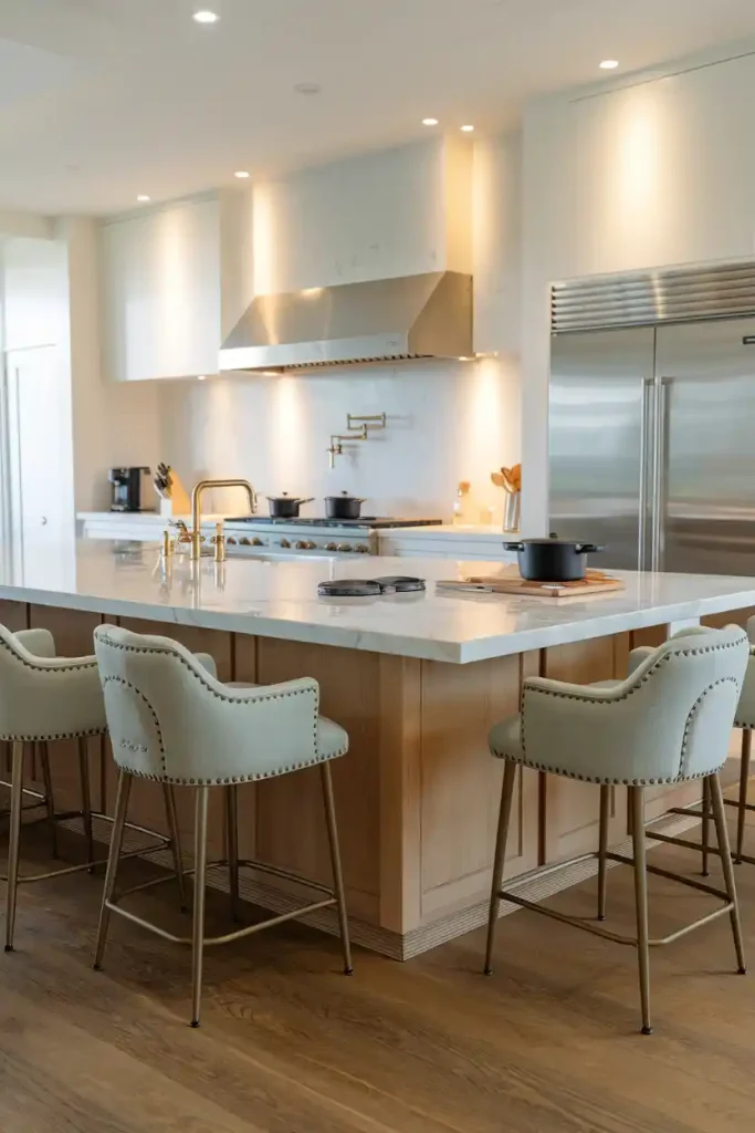 a sophisticated kitchen island with marble countertops, complemented by elegant upholstered bar stools in a soft fabric, featuring intricate stitching.