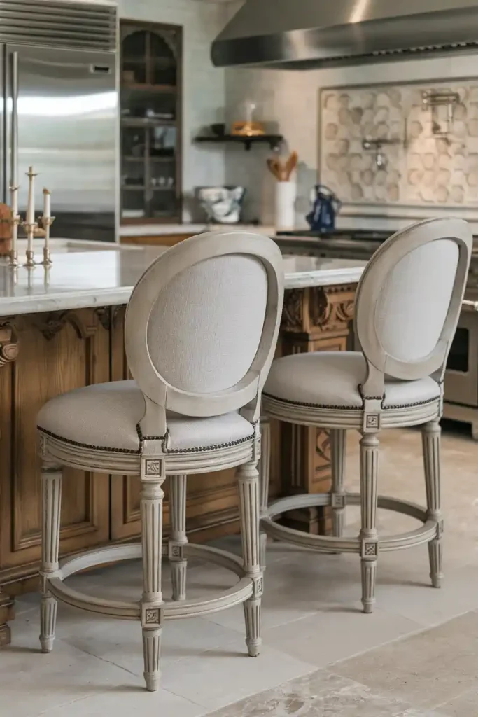 a sophisticated kitchen island with marble countertops, complemented by elegant upholstered bar stools in a soft fabric, featuring intricate stitching.