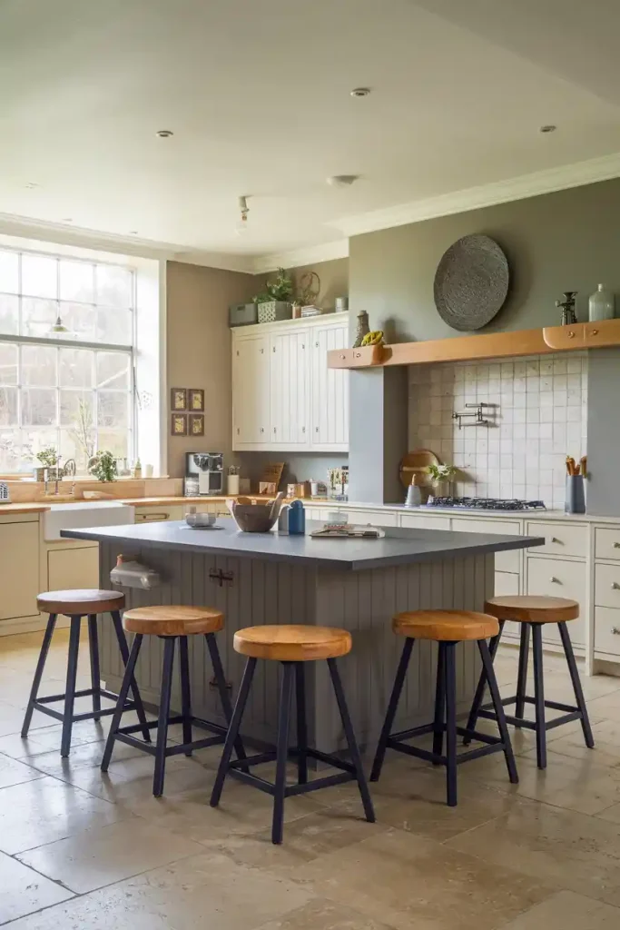 Family-Friendly Kitchen: A warm, inviting kitchen with a grey island surrounded by sturdy, family-friendly bar stools, perfect for gatherings.