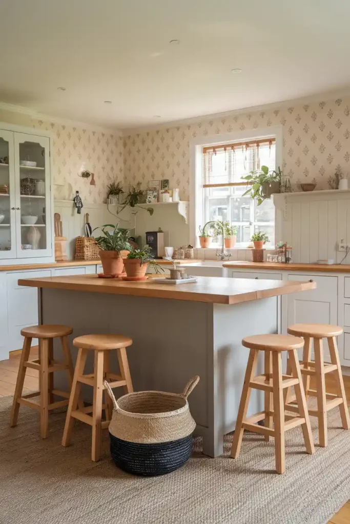 Family-Friendly Kitchen: A warm, inviting kitchen with a grey island surrounded by sturdy, family-friendly bar stools, perfect for gatherings.