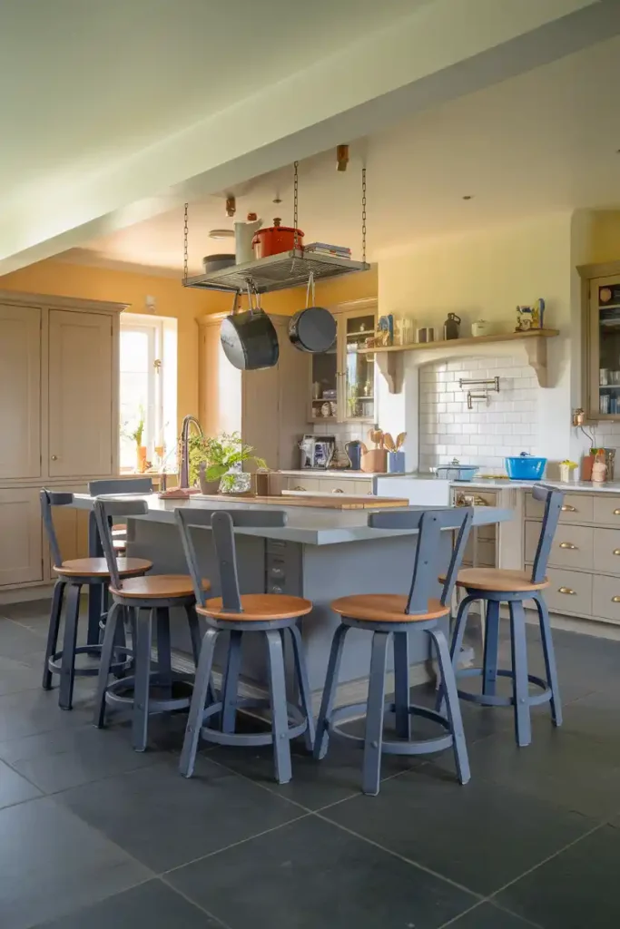 Family-Friendly Kitchen: A warm, inviting kitchen with a grey island surrounded by sturdy, family-friendly bar stools, perfect for gatherings.