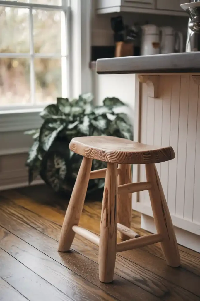 Rustic Kitchen Island Scene: Create an inviting kitchen scene featuring a large rustic island with six farmhouse-style stools arranged around it. The island should have a wooden countertop, and the background should include warm lighting and vintage kitchen decor.