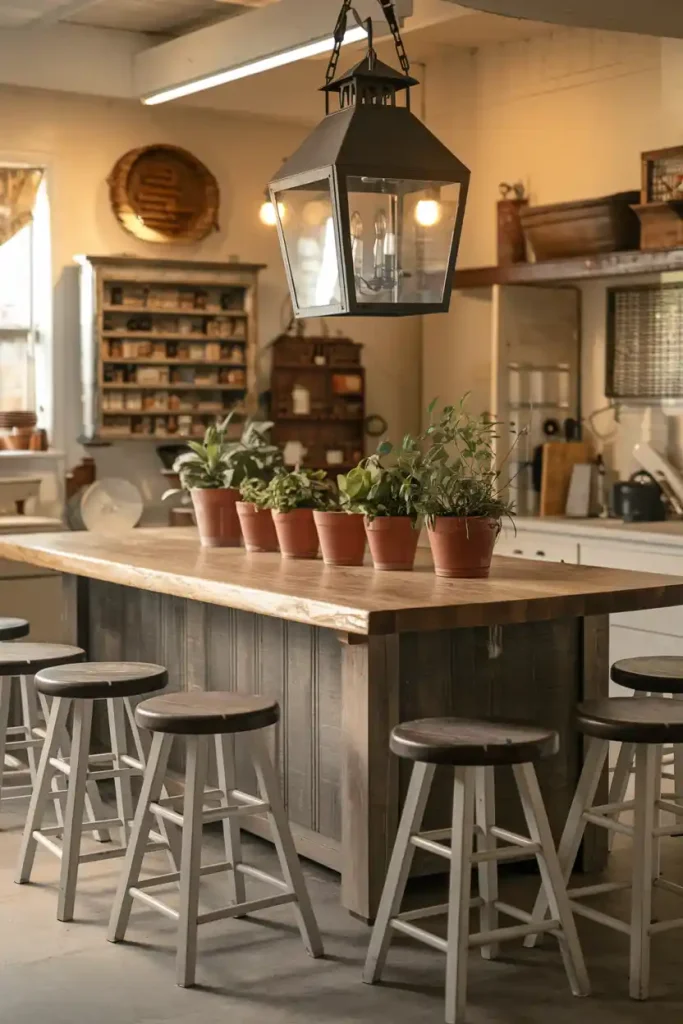 Stools in a Modern Rustic Kitchen: Create an image of a modern rustic kitchen featuring sleek farmhouse-style stools at the island. The kitchen should blend contemporary elements with rustic charm, showcasing open shelving filled with dishes and plants.