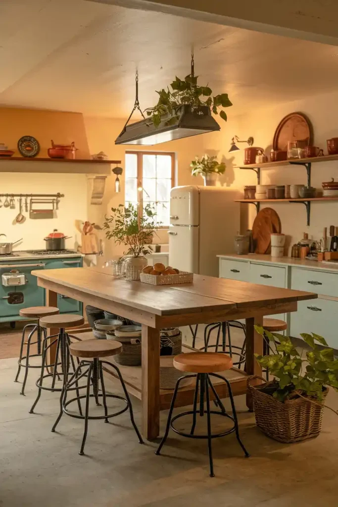 Rustic Kitchen Island Scene: Create an inviting kitchen scene featuring a large rustic island with six farmhouse-style stools arranged around it. The island should have a wooden countertop, and the background should include warm lighting and vintage kitchen decor.