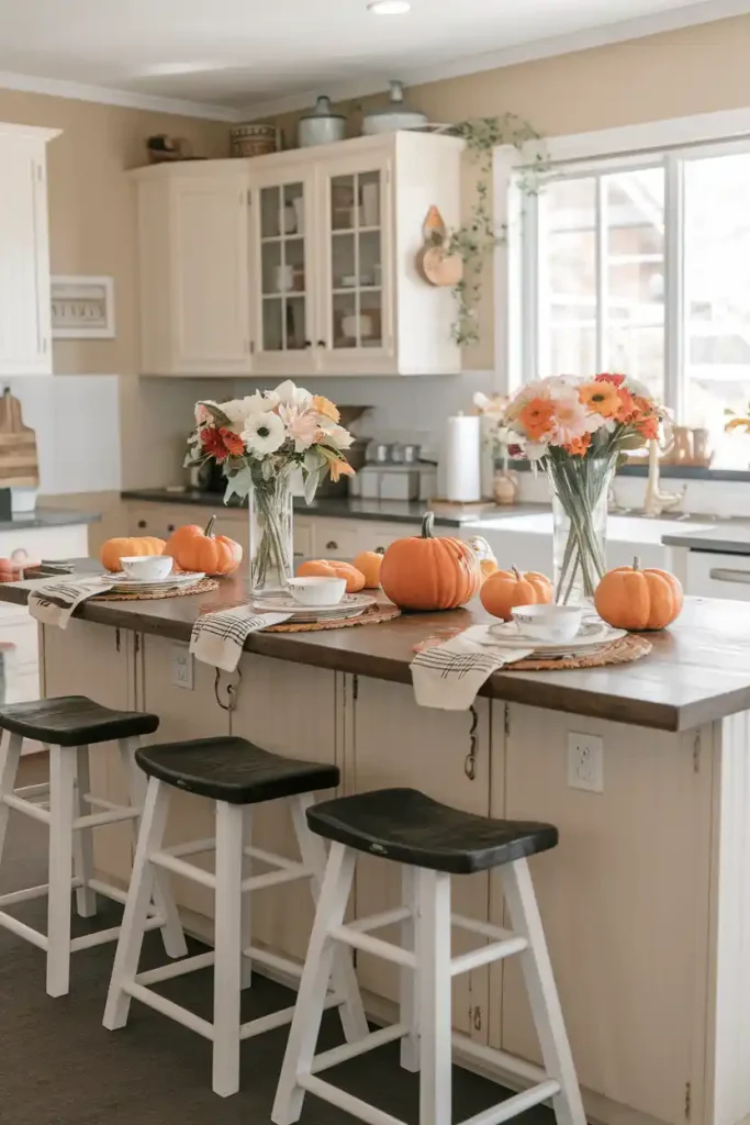 Close-Up of Farmhouse Stool Design: Illustrate a close-up view of a farmhouse-style stool with intricate wood grain details. The stool should be set against a backdrop of a cozy kitchen with soft, natural light filtering through a window.