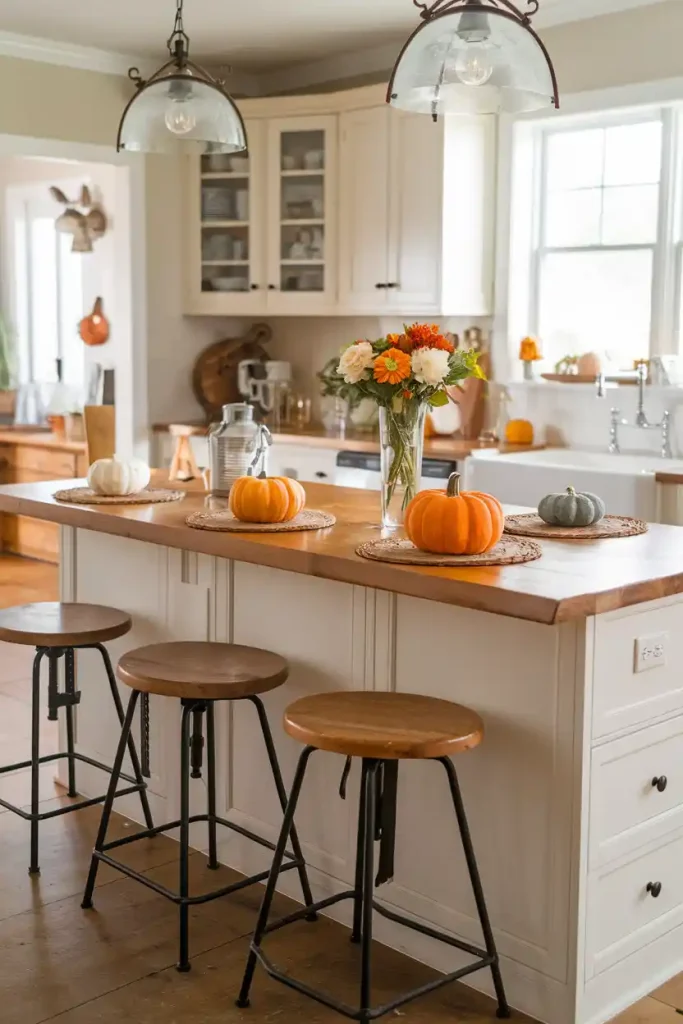 Close-Up of Farmhouse Stool Design: Illustrate a close-up view of a farmhouse-style stool with intricate wood grain details. The stool should be set against a backdrop of a cozy kitchen with soft, natural light filtering through a window.