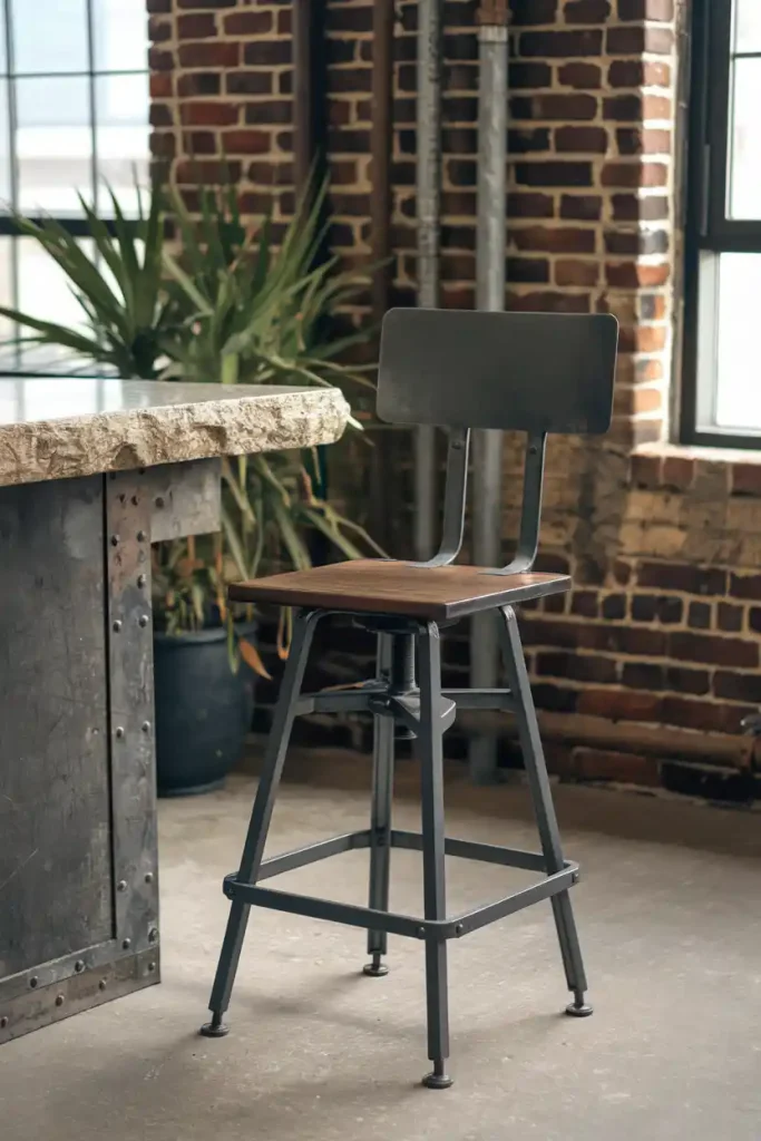 Industrial Style: Create an image of an industrial-style bar stool made of metal and wood, situated next to a rugged granite countertop in an urban loft setting.