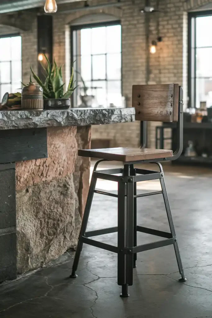 Industrial Style: Create an image of an industrial-style bar stool made of metal and wood, situated next to a rugged granite countertop in an urban loft setting.