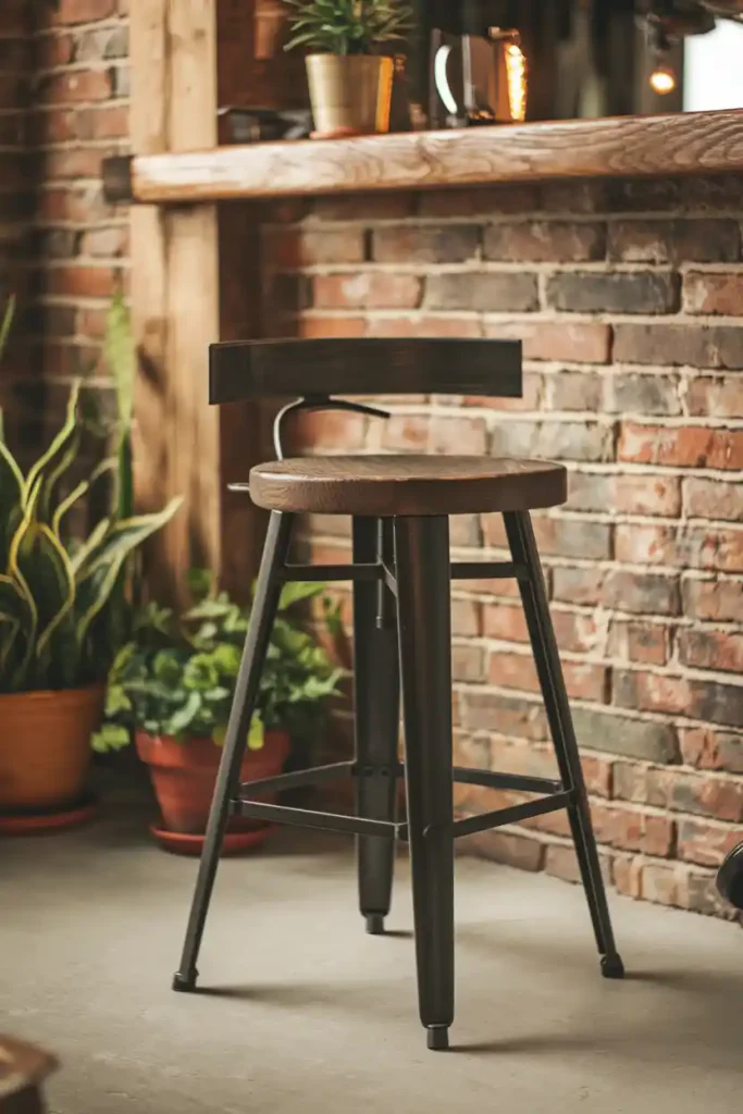 Modern Industrial Bar Stool: Create an image of a sleek, industrial-style bar stool with a metal frame and wooden seat, set against a rustic brick wall in a cozy home bar setting.