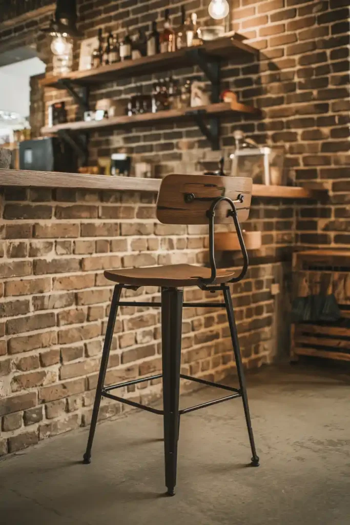 Modern Industrial Bar Stool: Create an image of a sleek, industrial-style bar stool with a metal frame and wooden seat, set against a rustic brick wall in a cozy home bar setting.