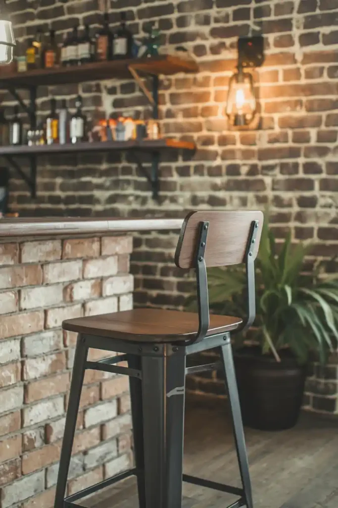 Modern Industrial Bar Stool: Create an image of a sleek, industrial-style bar stool with a metal frame and wooden seat, set against a rustic brick wall in a cozy home bar setting.