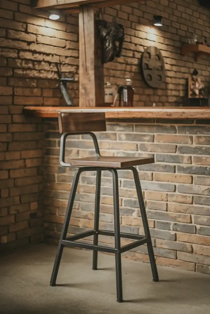 Modern Industrial Bar Stool: Create an image of a sleek, industrial-style bar stool with a metal frame and wooden seat, set against a rustic brick wall in a cozy home bar setting.