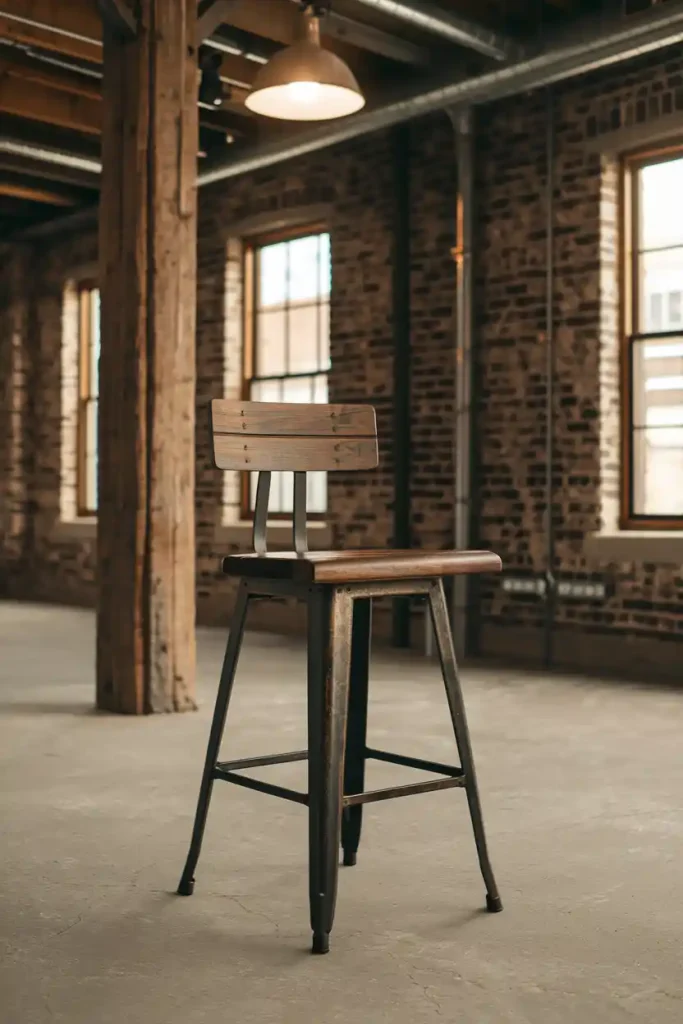 Industrial Style Bar Stool: Design an industrial-themed 36-inch bar stool with a combination of wood and metal elements, showcasing a distressed finish, situated in an urban loft setting.